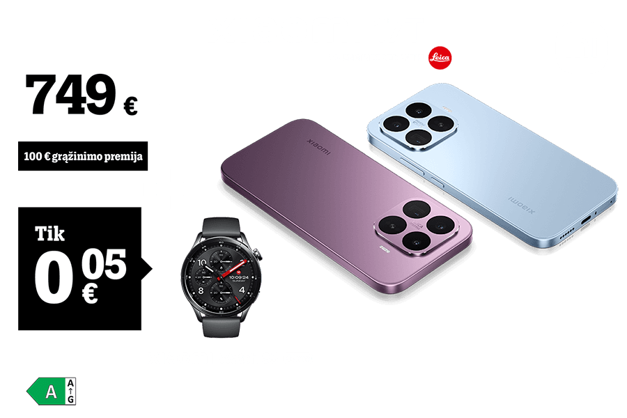 Xiaomi 17T tik už 749 € ir 100 € grąžinimo premija. Xiaomi Watch S5 tik 0,05 €. Nurodyta kaina galioja Išsimokėtinai arba mokant visą sumą iš karto.