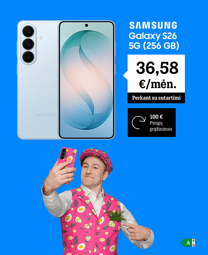 SAMSUNG Galaxy S26 nuo 36,58 €/mėn. 100 € pinigų grąžinimas. Perkant su sutartimi.