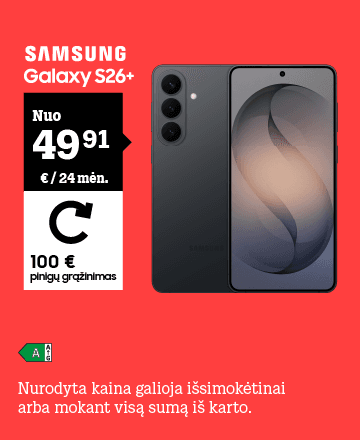 SAMSUNG Galaxy S26+ nuo 49,91 € / 24 mėn. 100 € pinigų grąžinimas. Nurodyta kaina galioja išsimokėtinai arba mokant visą sumą iš karto.