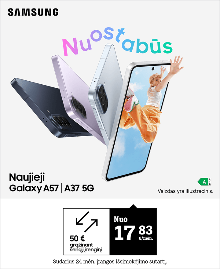 Naujieji Samsung Galaxy A57 A37 5G nuo 17,83 €/mėn. Sudarius 24 men. įrangos išsimokėjimo sutartį.  Atgaukite 50 € už seną įrenginį. 