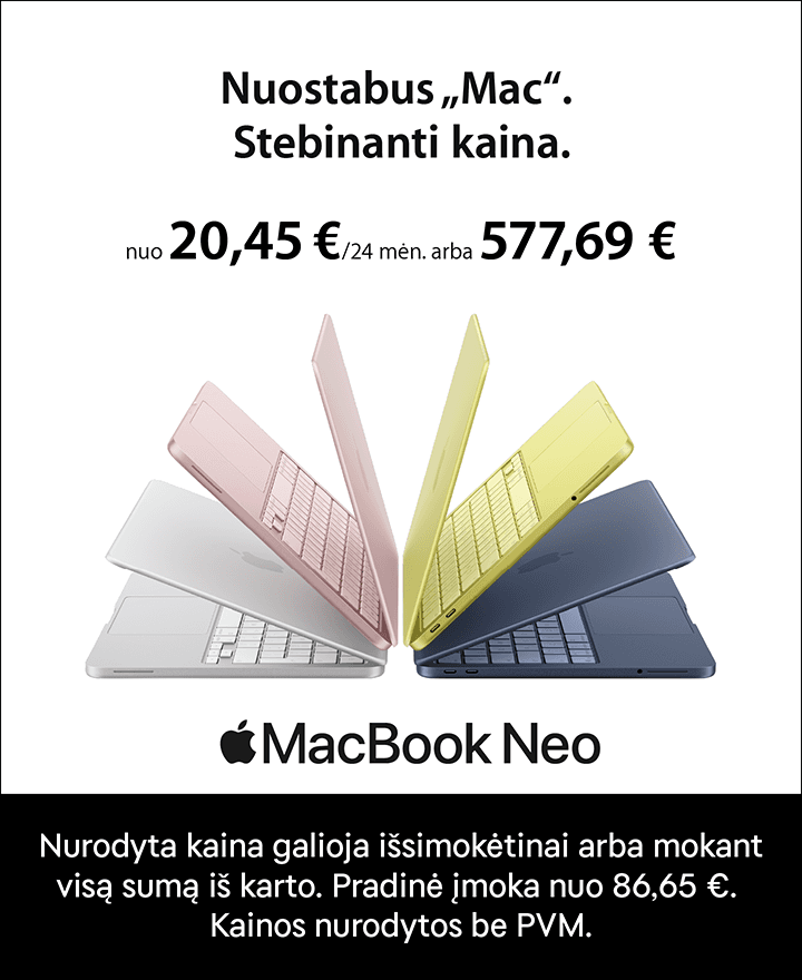 MacBook Neo nuo 20,45 €/24 mėn. arba 577,69 €. Stebinanti kaina. Nurodyta kaina galioja išsimokėtinai arba mokant visą sumą iš karto. Pradinė įmoka nuo 86,55 €. Kainos nurodytos be PVM.